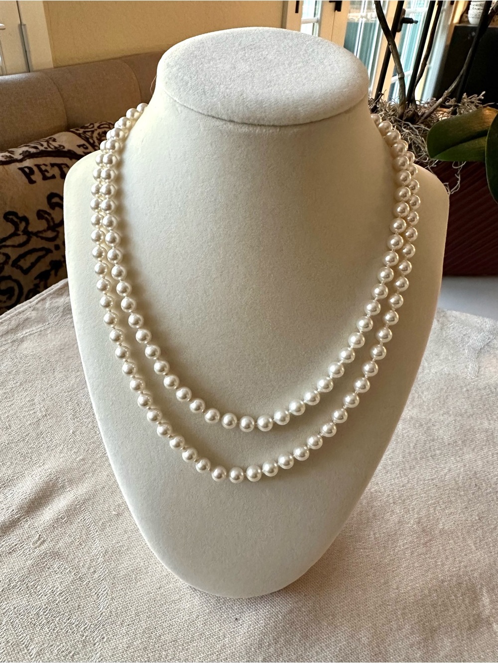 NADRI Signed Faux Pearl Long Necklace Crystal Rhinestone Clasp - Picture 2 of 8